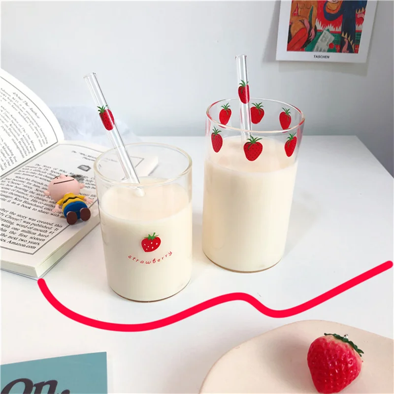 

210ml Strawberry Cute Glass Cup With Straw Creative Transparent Water Cup Student Milk Heat Resistant Glass Nana