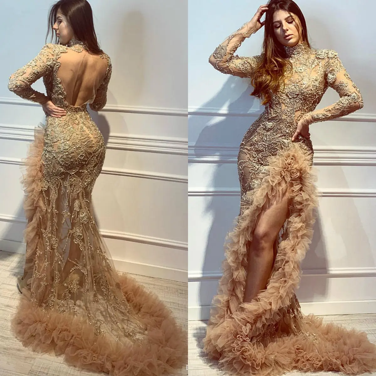 

Роскошное вечернее платье-Русалка с высоким воротником, кружевное вышитое бисером платье для выпускного вечера, бальное платье для вечерин...