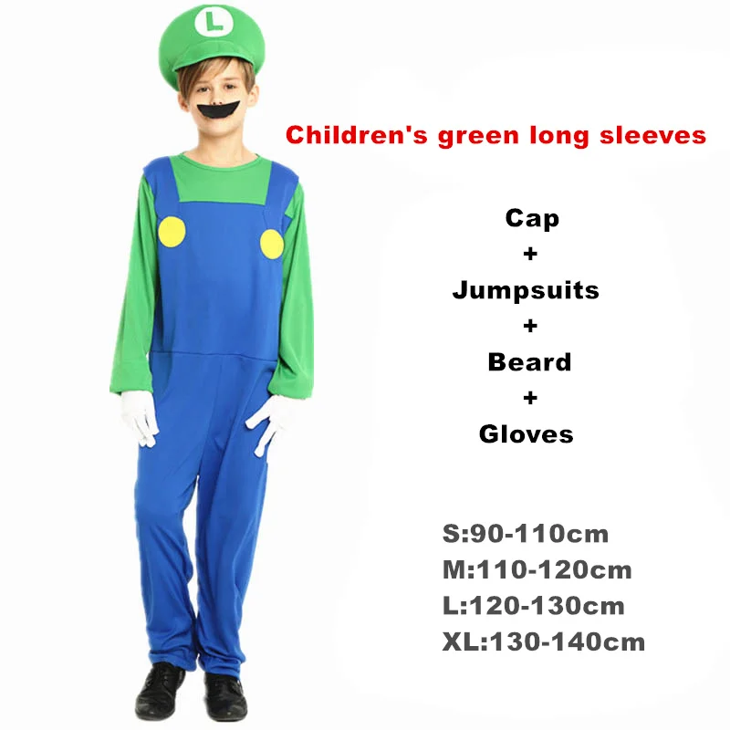 Kids green long Взрослый Хэллоуин Супер Марио Детский костюм косплей семья Funy Luigi Bros сантехник Пурим костюм нарядное платье Рождественские Вечерние - Цвет: Kids green long