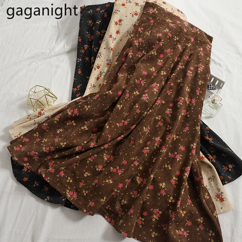 

Gaganight Vintage Women Floral Cordury Long Skirt High Waist Fashion OL Bottom A Line Skirts Chic Korean New Faldas Fall Winter