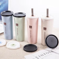 wheat straw coffee cup adult student drinking cup double cover plastic handy cup single layer cup with straw