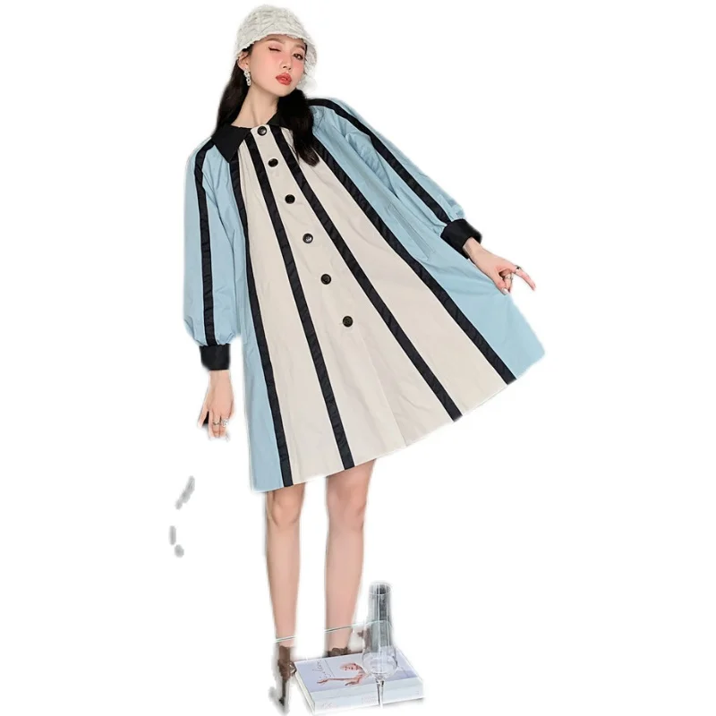 

VANOVICH 2022 Autumn and Winter New Vintage Korean Style Contrasting Color Patchwork Long-sleeved Big Size Casual Trench