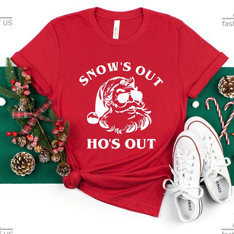 

Snow's Out Ho's Out Funny Merry Christmas Womens T Shirts Cotton Colour Short Sleeve Festival Woman Tshirt Santa Claus Clothes
