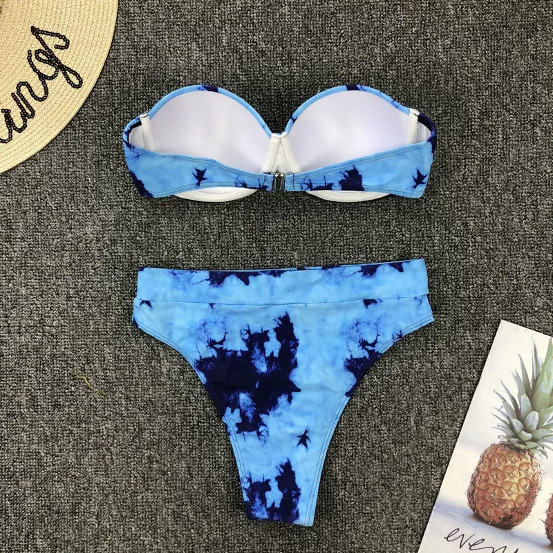 

Bandeau Swimsuit Tie-dye Bikini High Waisted Women Underwire Swimwear Push Up 2020 Brazilian Swimsuit Blue Bikini Bathing Suit