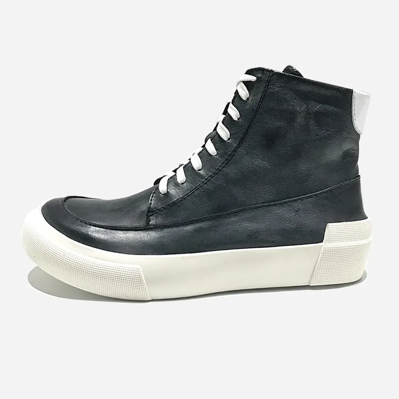 

Street Style High-Top Sneakers Men Genuine Leather Zipper Ankle Boots Luxury Platform Flat Shoes Vintage Winter Motorcycle Boots