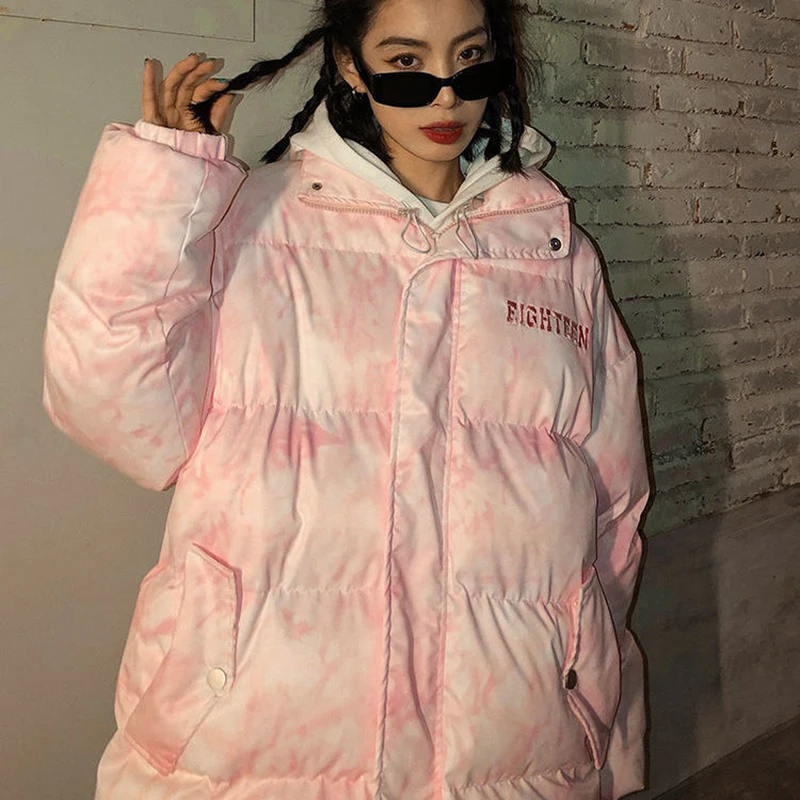 

Розовые и синие парки Tie-dye, теплый стиль BF, новинка зимы 2021, куртка с хлопковой подкладкой в стиле Харадзюку, пальто с подкладкой, зимняя модн...