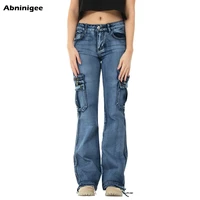 jeans woman high waist wide leg y2k cargo flare jeans vintage casual multi pocket washed denim bell bottom pants plus size