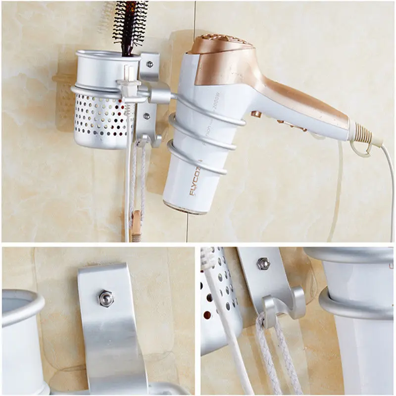 

Wall Mounted Hair Dryer Holder Aluminum Drier Comb Holder Rack Stand Set Storage Organizer Bathroom beautician Worldwide Store