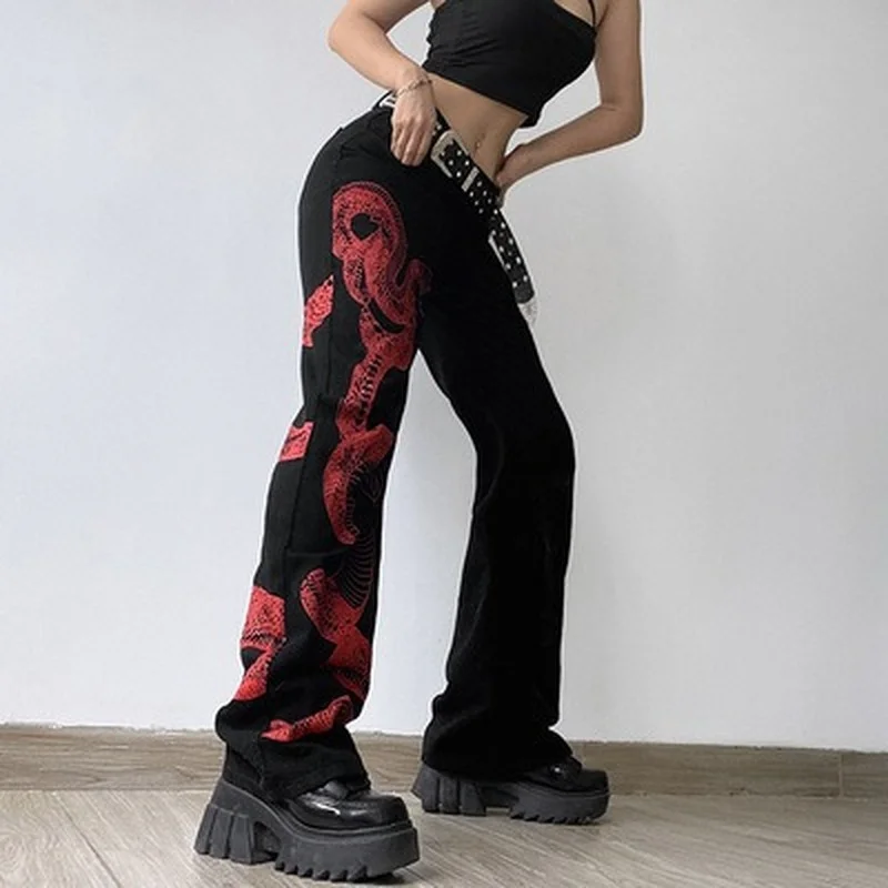 

Джинсы-багги FAKUNTN с принтом в виде змеиной кожи, женские джинсовые брюки с заниженной талией в стиле хиппи, темные академические готические ...