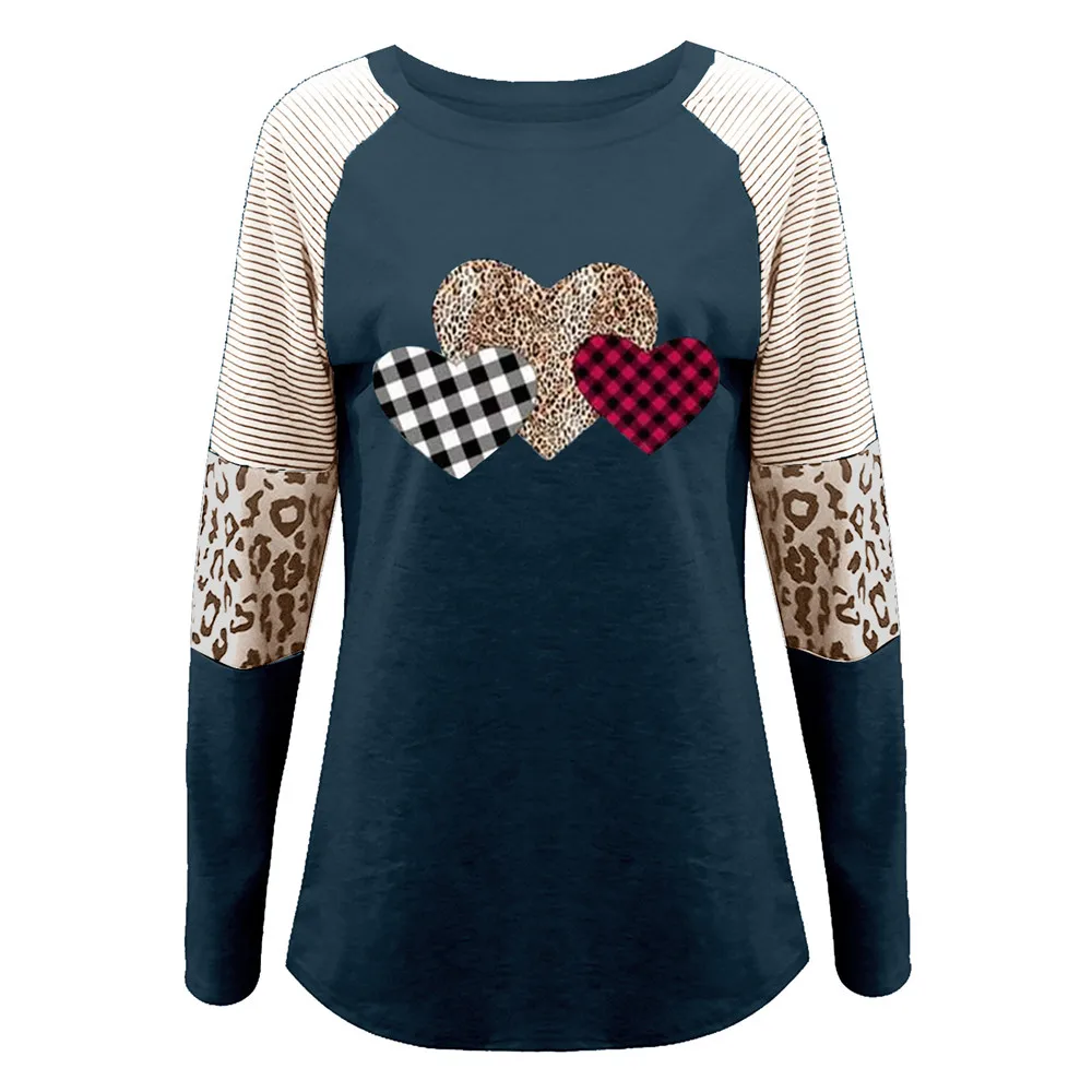 

Long Sleeve Tshirt Women Contrast Color Patchwork Love Heart Printed Tops Casual Loose Crew Neck Spring Tees