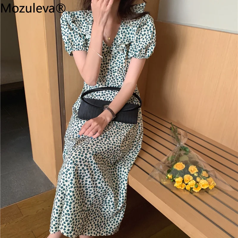 

Mozuleva 2021 в винтажном стиле, с оборками в горошек Цветочный принт женское платье трапециевидной формы с короткими рукавами, летнее, шифон, Жен...