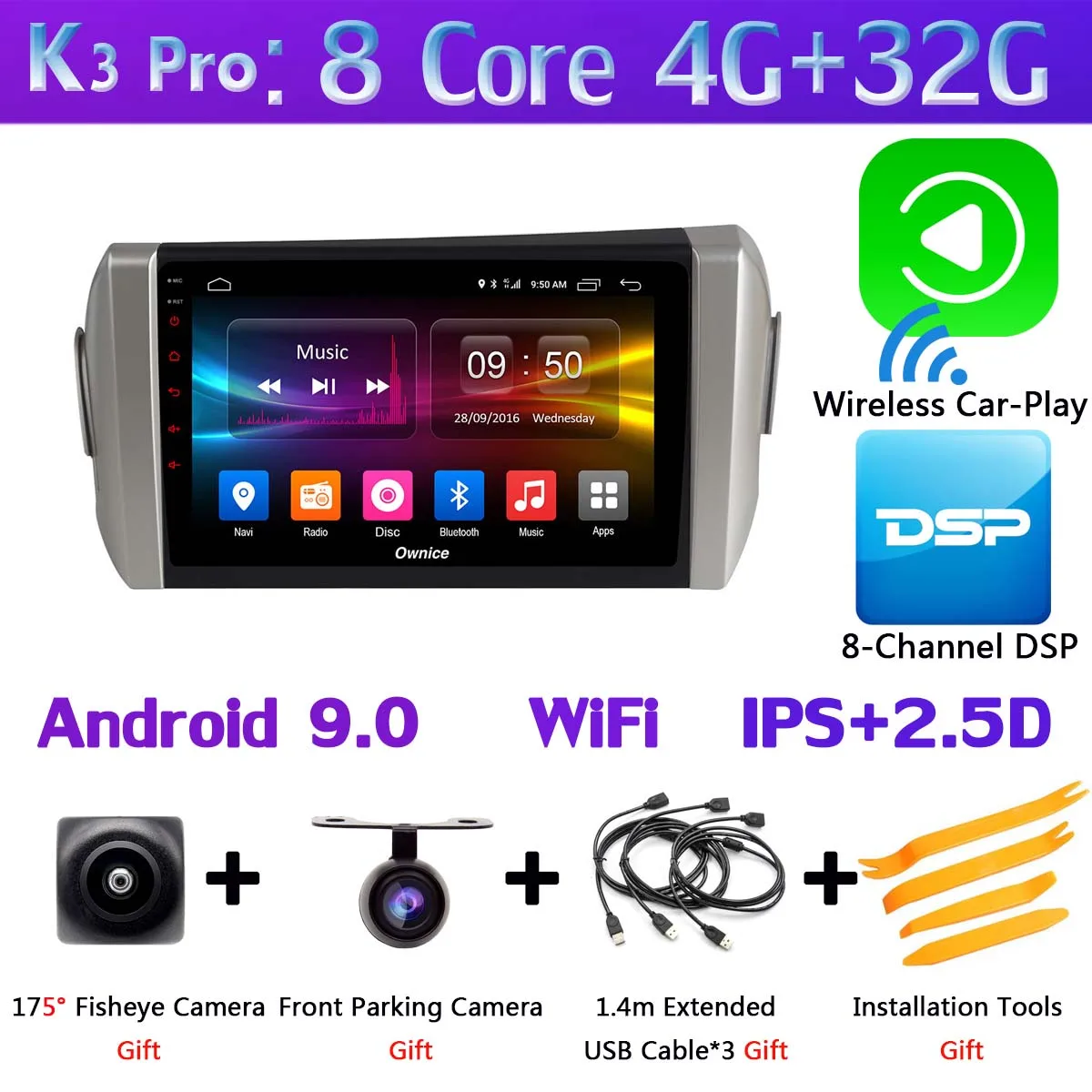 K3 Pro CarPlay 360 ° панорамный 4G WiFi Android 9,0 8Core 4G+ 64G Автомобильный мультимедийный плеер gps компактное минирадио CarPlay для Toyota Innova Crystal - Цвет: K3 Pro CarPlay