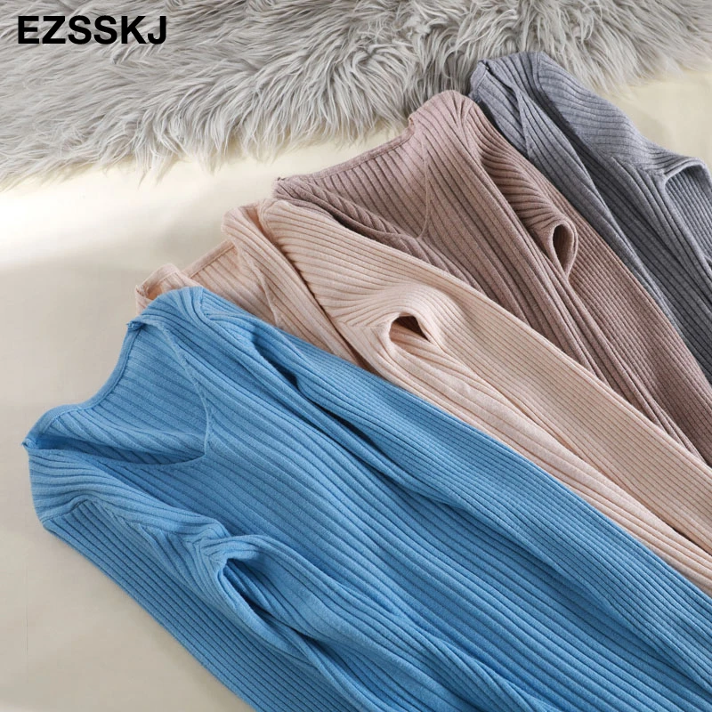 Winter Basic Knitted Tops Women Fashion Hot Sales Design Skin Tight V Neck Sweater Pink Gray White Black Blue O014 | Женская одежда