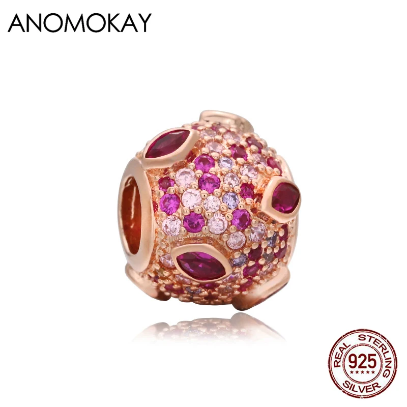 

Anomokay Romantic Full Crystal Round Heart Rose Gold Color Charm fit Bracelets & Bangles 100% Sterling 925 Silver Bead for DIY