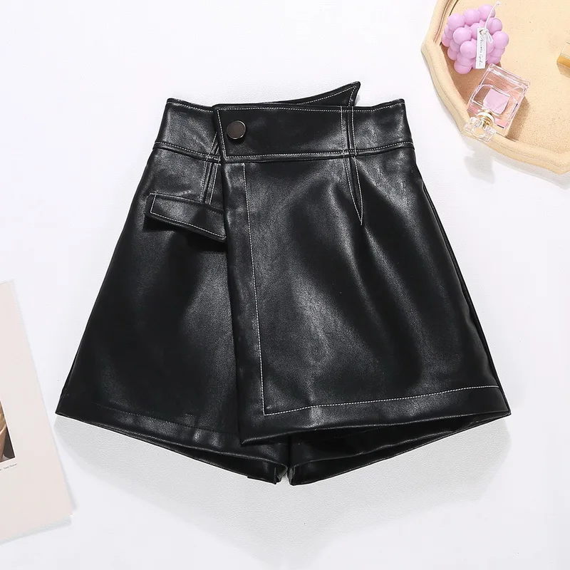 

2020 New PU Leather Shorts Women Shorts All-match Sashes Wide Leg Short Ladies Sexy Leather Shorts Autumn Winter