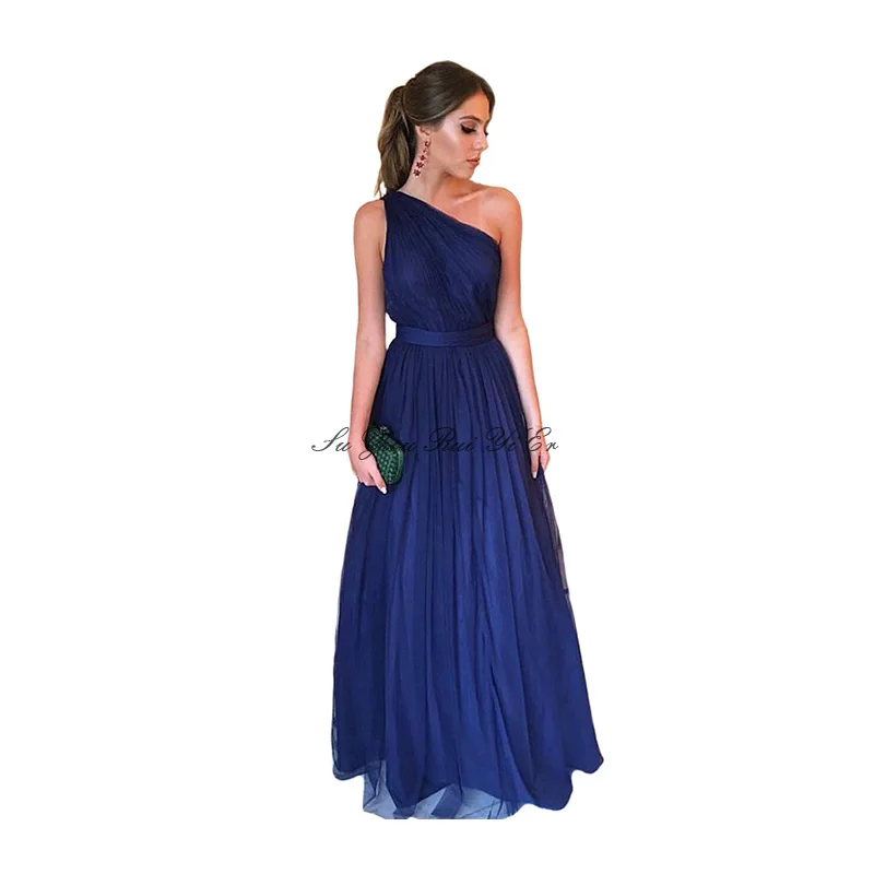 

Женское вечернее платье на одно плечо, темно-синее длинное ТРАПЕЦИЕВИДНОЕ платье из тюля, официальное платье, индивидуальный пошив
