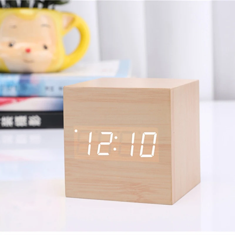 D2 Alarm Clock Digital LED Wooden Watch Table Voice Control Wood Despertador Snooze Time Temperature Display Desktop Clocks Gift