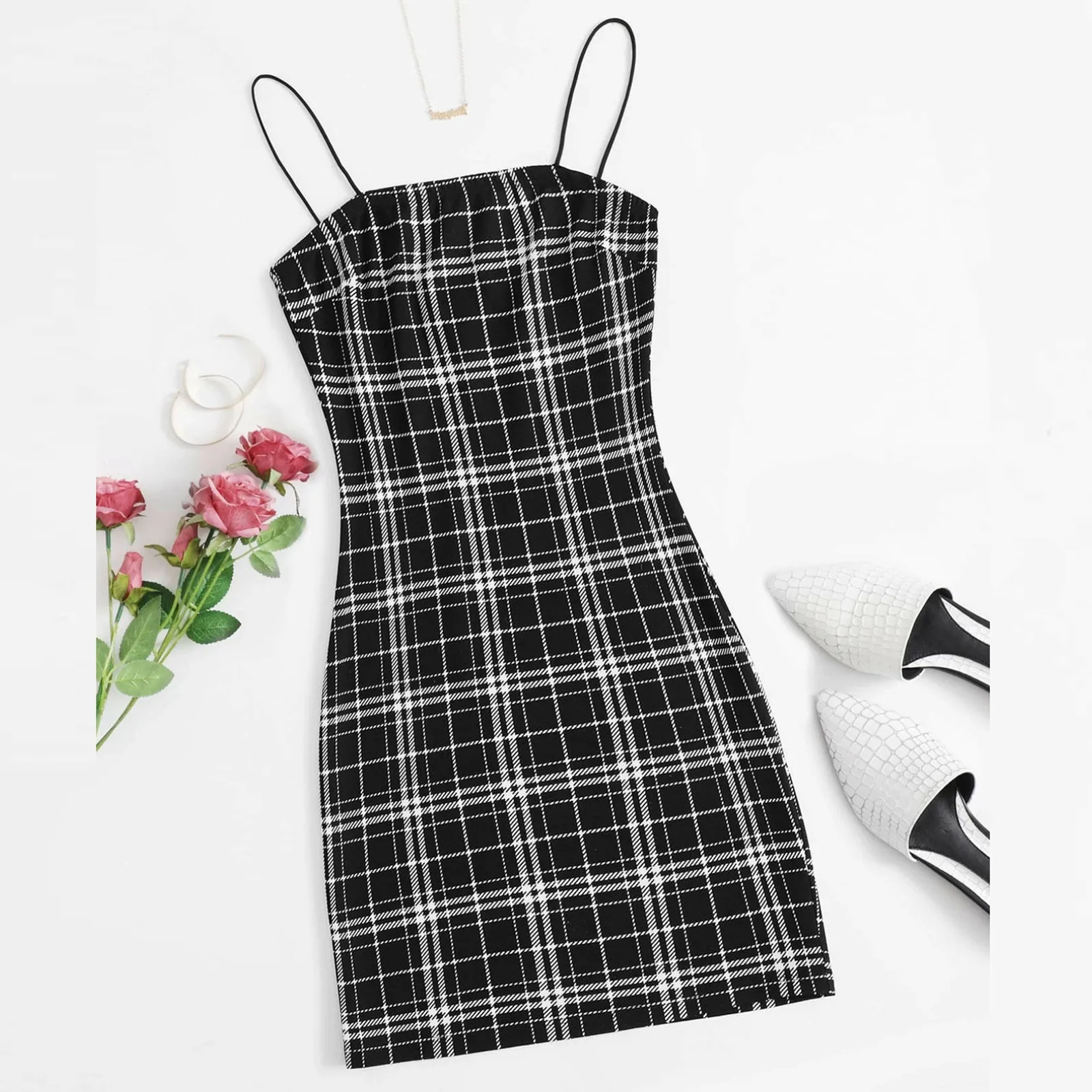 

Ladies sling plaid dress summer sleeveless plaid printing slip dress suspender skirt ladies sexy sling plaid dress платье Q6