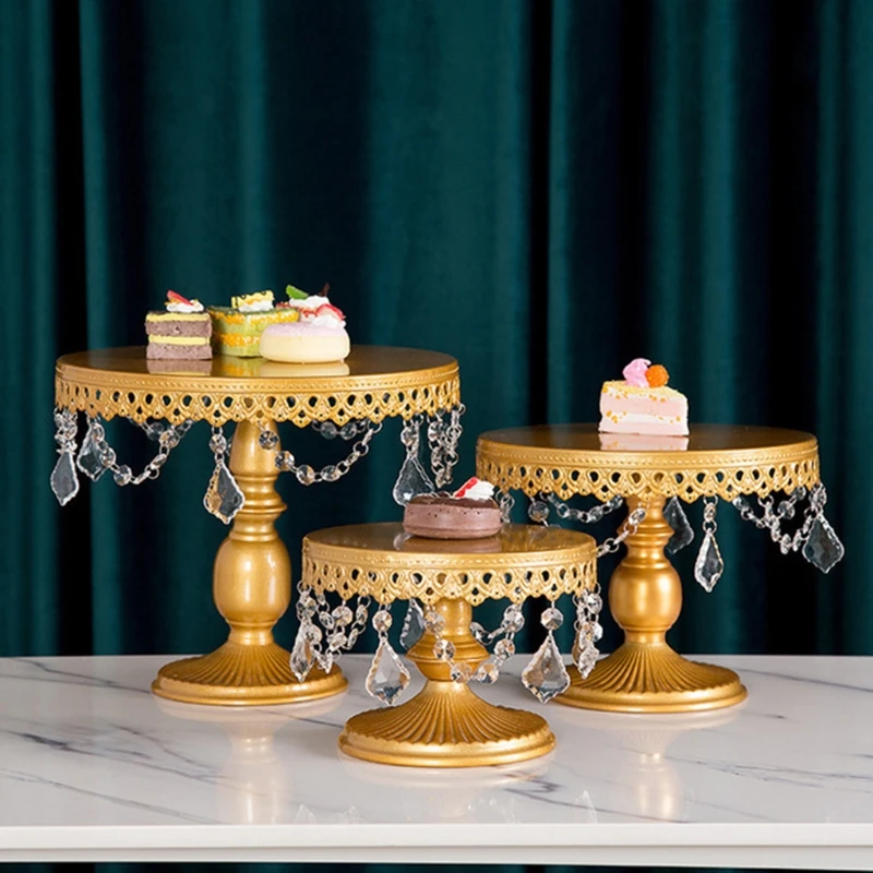 

3 Sizes Metal Cake Stand Round with Pendants and Beads Dessert Cupcake Display