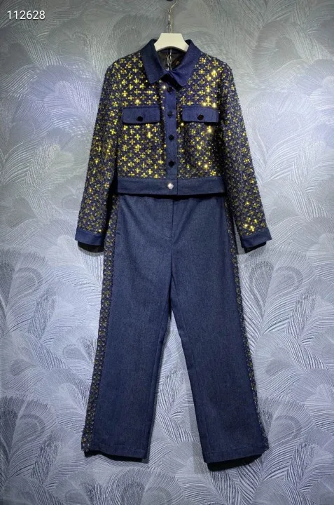 

2021 Turn-down Collar Single Breasted Sequined Jackets for Women Denim Jacket Women Fall Jacket for Women Pants Suit
