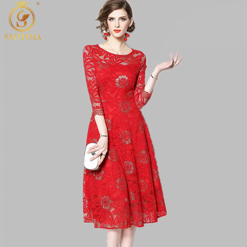 

SMTHMA HIGH QUALITY New Fashion Red And Black Dress 2022 Designer Runway Women's Half Sleeve Lace Long Dresses