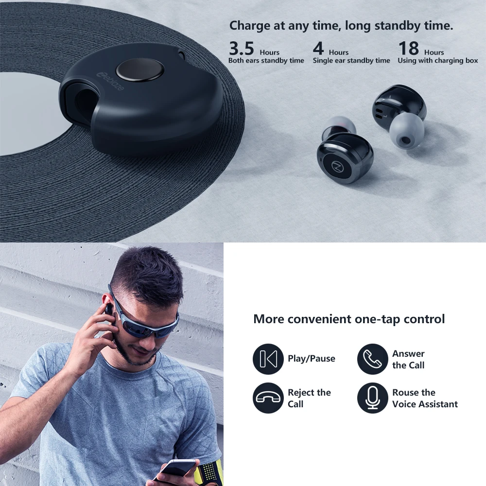 

Bluetooth 5.0 TWS Wireless Earphones Zeblaze Zepods Deep Bass Stereo Wireless Earbuds 360 Rotation Noise Cancelling With Mic