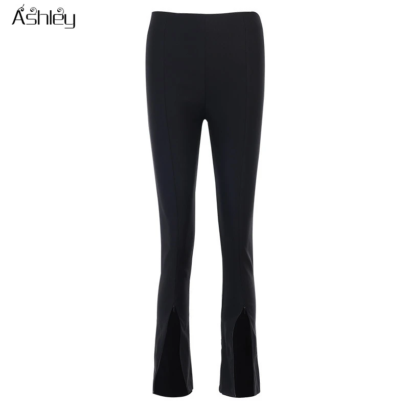 

Ashley Fashion slit slim Pants Black high waist elastic belt close fitting pants High street style autumn pencil pants 2020