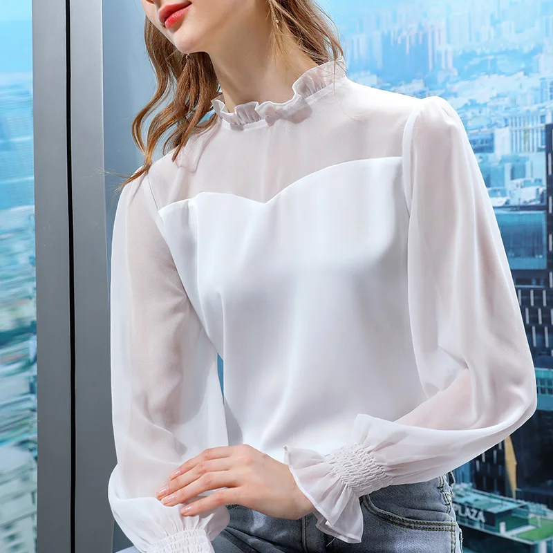 

Chiffon T-shirt women's 2021 early spring new women's wear vertical collar bra top Satin splicing trumpet sleeve foreign style