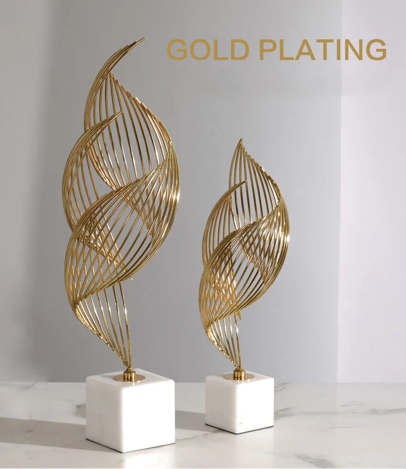 

Modern Creative Abstract Twisted Conch Shape Gold Metal Statue Home Crafts Room Decor Objects Offic White Marble Sculpture