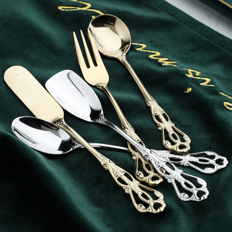 

Vintage Spoons Fork Mini Royal Style Metal Gold Carved Coffee Snacks Fruit Dessert Cutlery Fork Tea Ice Cream Spoon Kitchen Hot