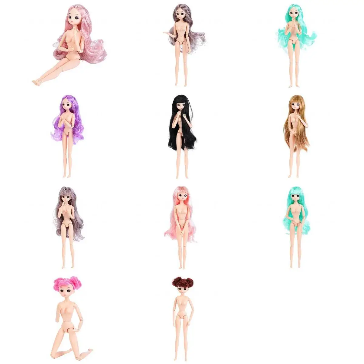 

Set of 5/10/11 30cm 1/6 BJD 26 Jointed Doll Body with Hair Makeup
