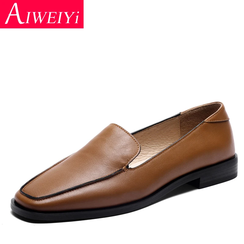 

Woman Loafers Cow Leather Genuine Leather Brogue Style Square Toe Slip-On Spring Autumn Ladies Casual Flats Footwear Shoes