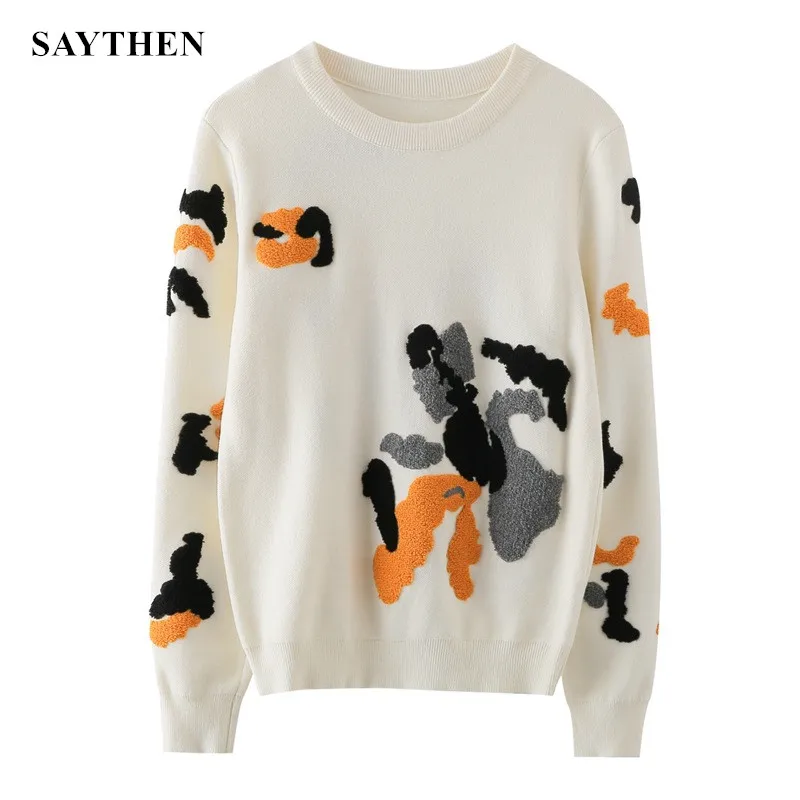 SAYTEHN Auturn and Winter Pattern Print Flower Long Sleeve Round Neck Female Sweet Knitted Slim Fit Jumper Women Pullover