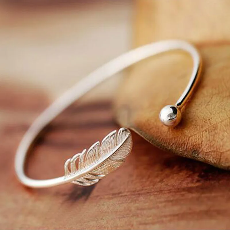 

Vintage Trendy Silver Color Open Cuff Bracelet Leaves Angel Wings Feathers Bangle Unique Twisted Woven Opening Bracelets Jewelry