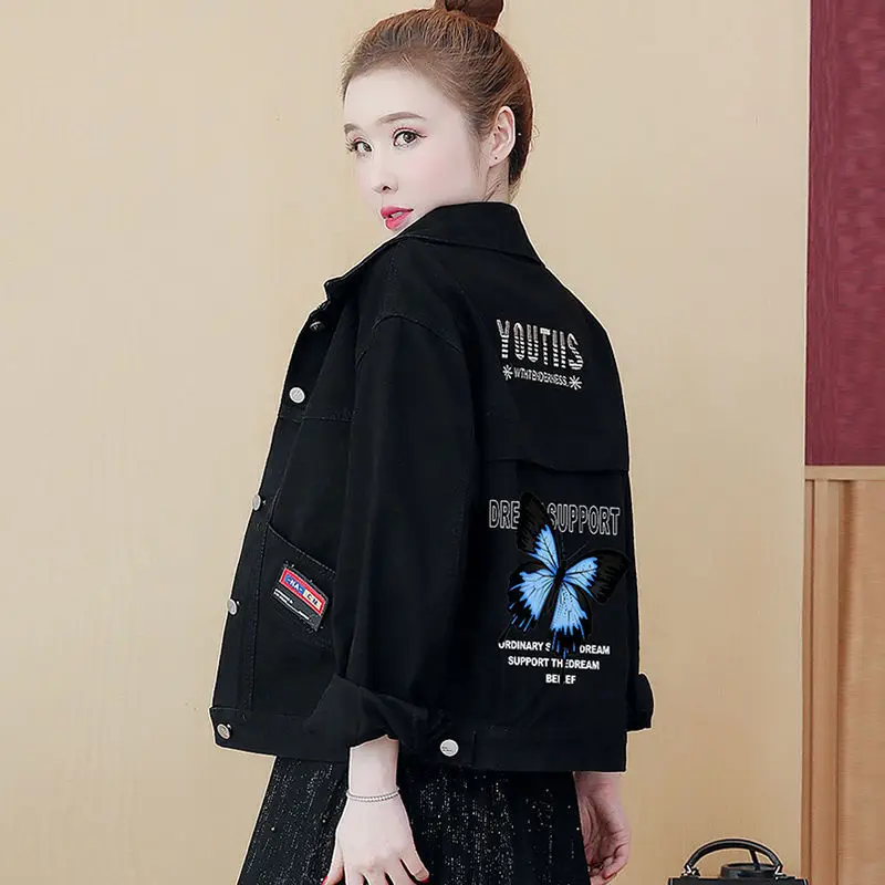 

New Fashion Women's Denim Jackets 2022 Autumn Black Jean Coat Female Short Casual Girl Jacket Printed Outerwear