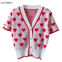 saythen sweet pink heart knit cardigans intarsia sweater women summer new v neck pearl button elegant pull casual thin knitwer