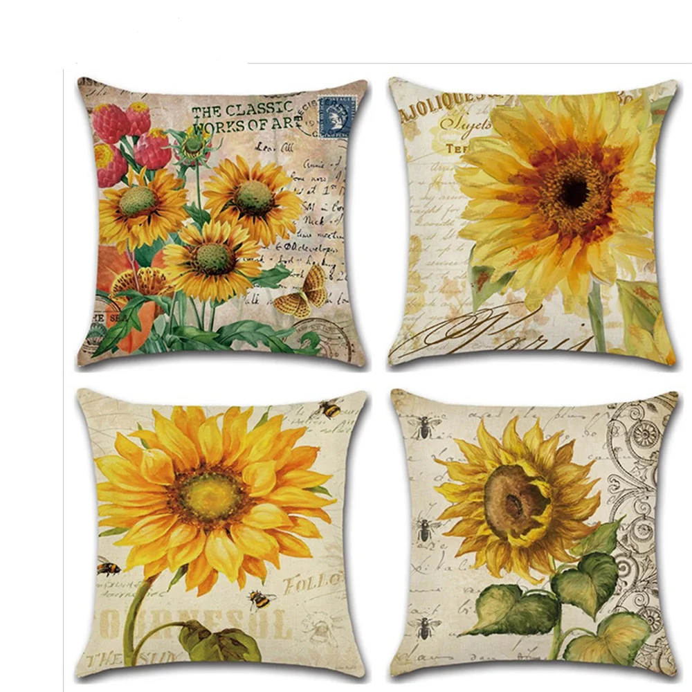 

New Sunflower Pillowcase Happy Summer Autumn Harvest Thanksgiving Day Hand-painted Linen Digital Printing