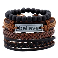 4pcsset hot sale retro multi layer leather bracelets for men woods beads bracelet handmade woven rope wrapped jewelry