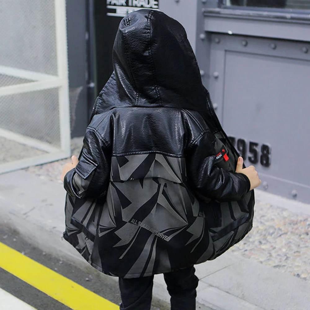 

Winter PU Leather Camouflage Jacket For Boy Plus Cashmere Keep Warm Korean Version Fashion Hooded Casual Children's Clothing