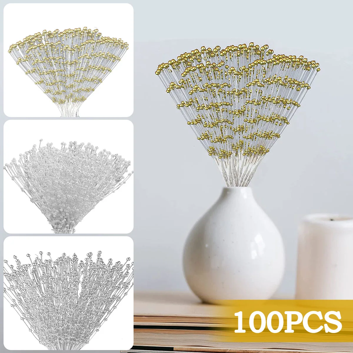 

100pcs/lot 4mm String Pearl Stick Wedding Bridal Bouquet Floral Beaded Wire Stems Strand for DIY Bride Party Garland Decor Party