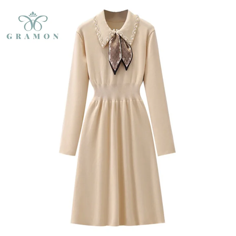 

Plus Size Women Fall Winter Clothing Dresses Fashion Knitted Polo Collar Long Sleeve Bottoming Dress Ladies Slim Vestidos Mujer