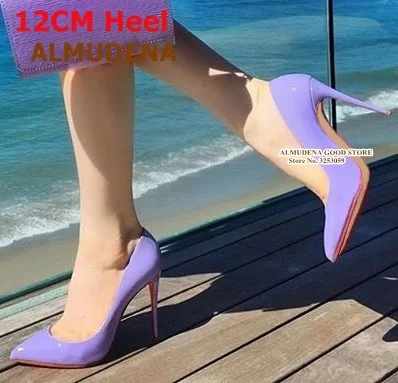 purple 12cm heel ALMUDENA/брендовые туфли-лодочки на шпильке 12, 10, 8 см модельные туфли из лакированной кожи дизайнерские свадебные туфли с острым носком на тонком каблуке размер 45 - Цвет: purple 12cm heel