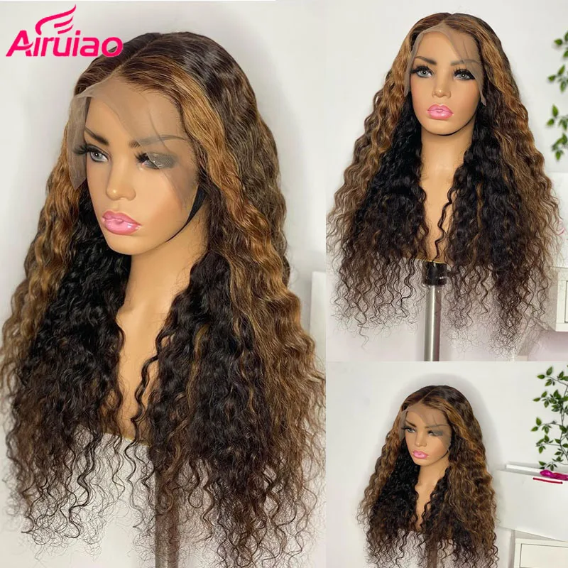 

Colored Highlight Wig HD Transparent Lace Brazilian Water Wave Human Hair 26inches Pre-plucked Ombre Lace Frontal Wigs For Women