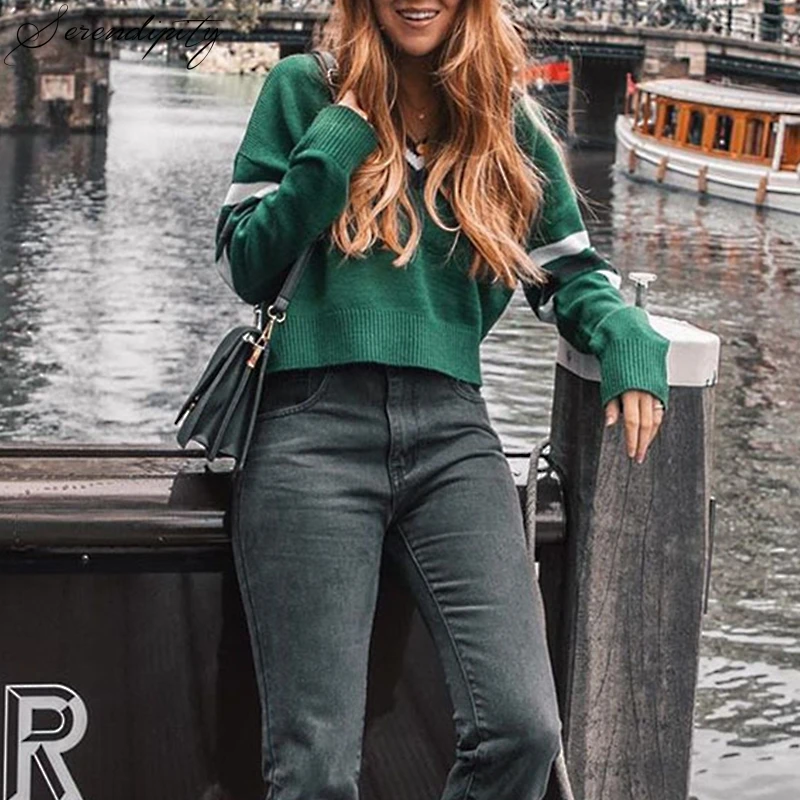 

Jumper Women Fashion Autumn Winter Sweater Female Sexy Elegant Club Sweater Pullovers Long Sleeve V Neck Green Acrylic 100% Full
