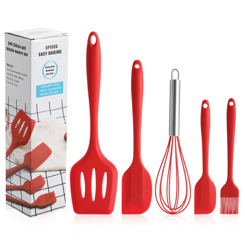 

Silicone 5PCS Resistant Kitchen Food Grade Silicone Scraper Spatula Set Cooking Baking Utensils Tools WIth Whisk And Brush