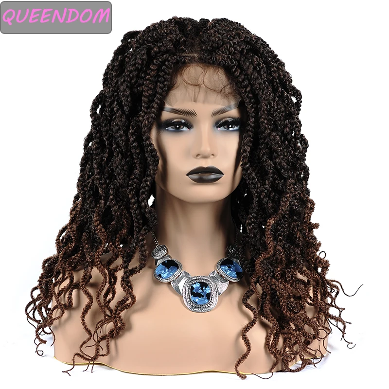 

Ombre Braided Lace Front Wig Brown Synthetic Box Braids Curly Wigs with Baby Hair for Afro Women Heat Resistant Curl Lace Wigs