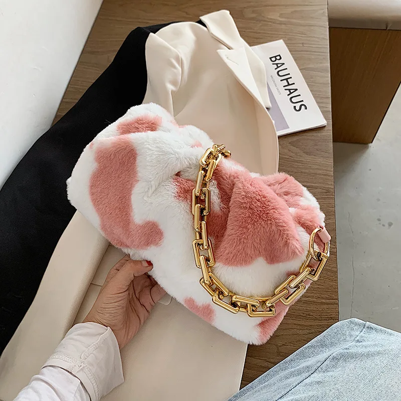 

2021 New Fashion Cow pattern Shoulder Bag Women Plush Soft Autumn Winter Fluffy Female Totes Handbag Lady Girl Travel Purse
