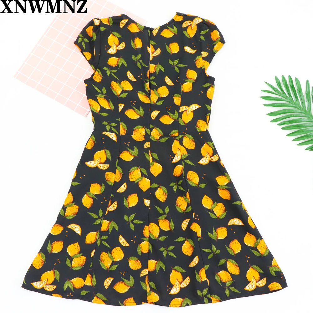 

XNWMNZ 2020 Vintage Lemon fruit Print Black women dress France vestido Fashion Cap Sleeve women mini dress za vadim&shein