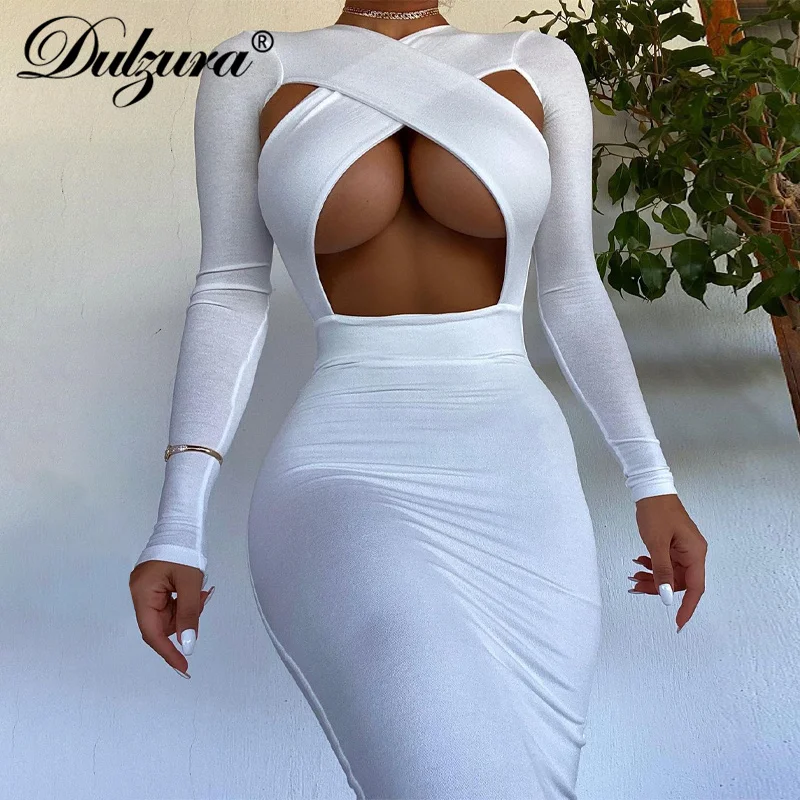 

Dulzura 2021 Autumn Winter Women Solid Hollow Out Long Sleeve Midi Dress Back Slit Bodycon Sexy Streetwear Party Elegant Club