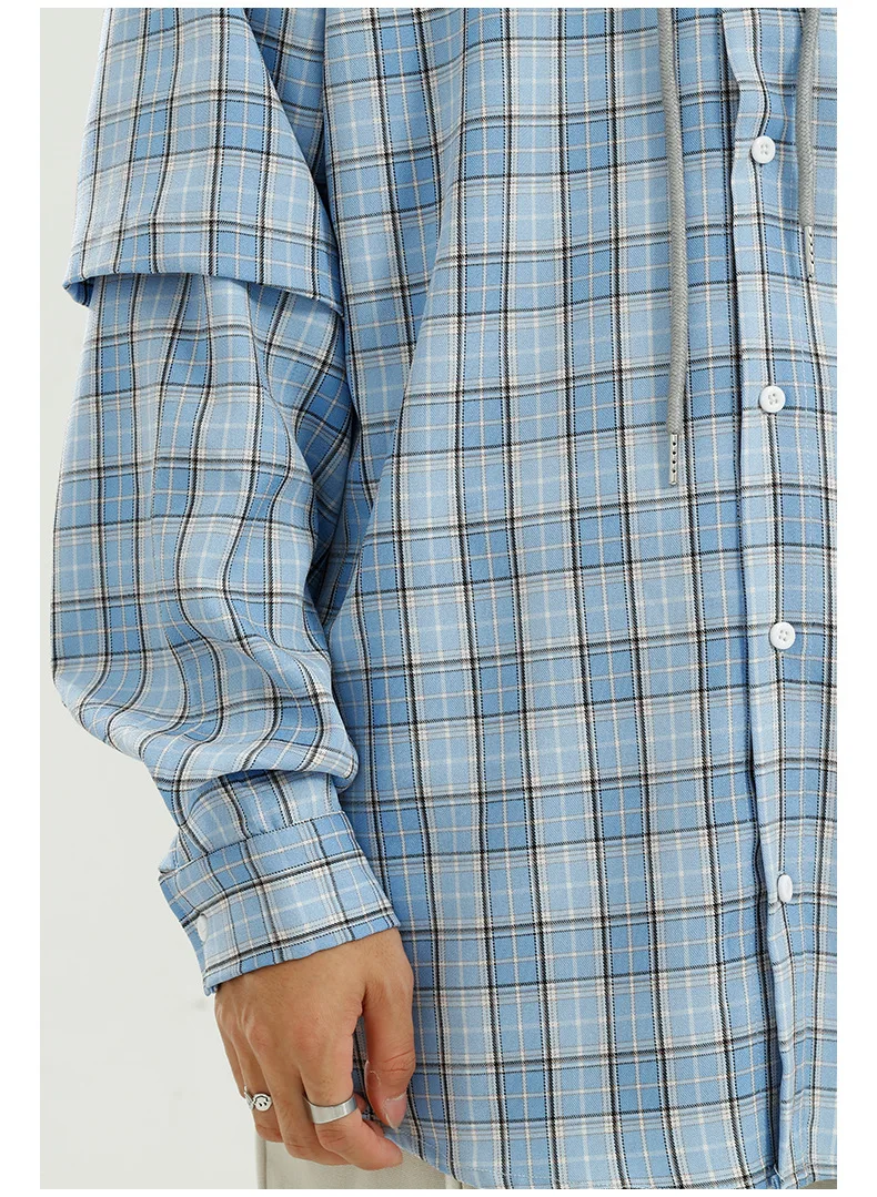 

Men Autumn New Plaid Long Sleeve Hooded Shirt Male Streetwear Hip Hop Fashion Loose Shirt